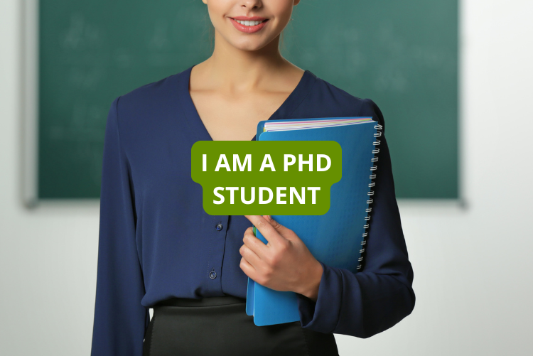 Photo of a PhD student holding a briefcase