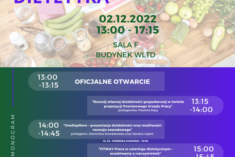 Plakat wydarzenia Dzień Przedsiębiorczości Dietetyka, szczegóły dostępne w poście