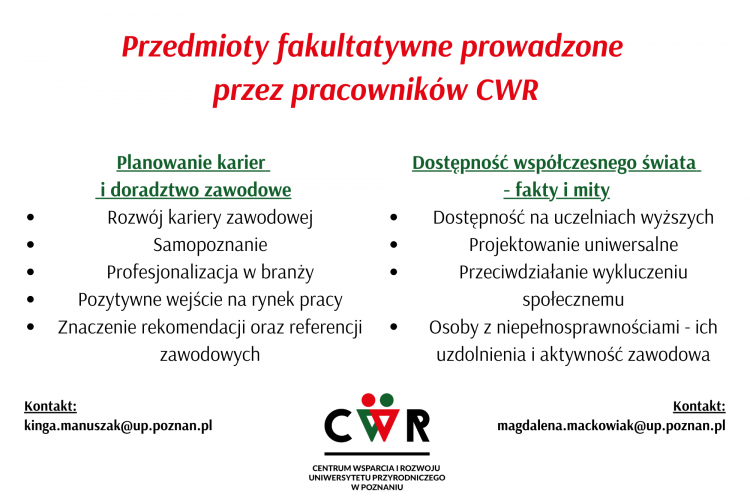 Plakat - przedmioty fakultatywne prowadzone przez pracowników CWR, szczegóły w treści posta