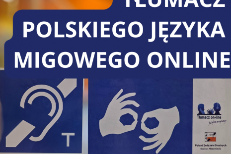 Napis "Tłumacz PJM online" i oznaczenia dla osób niedosłyszących