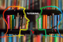 Grafika - dwie głowy na tle kolorowych książek, napis TUTORING oraz logo CWR